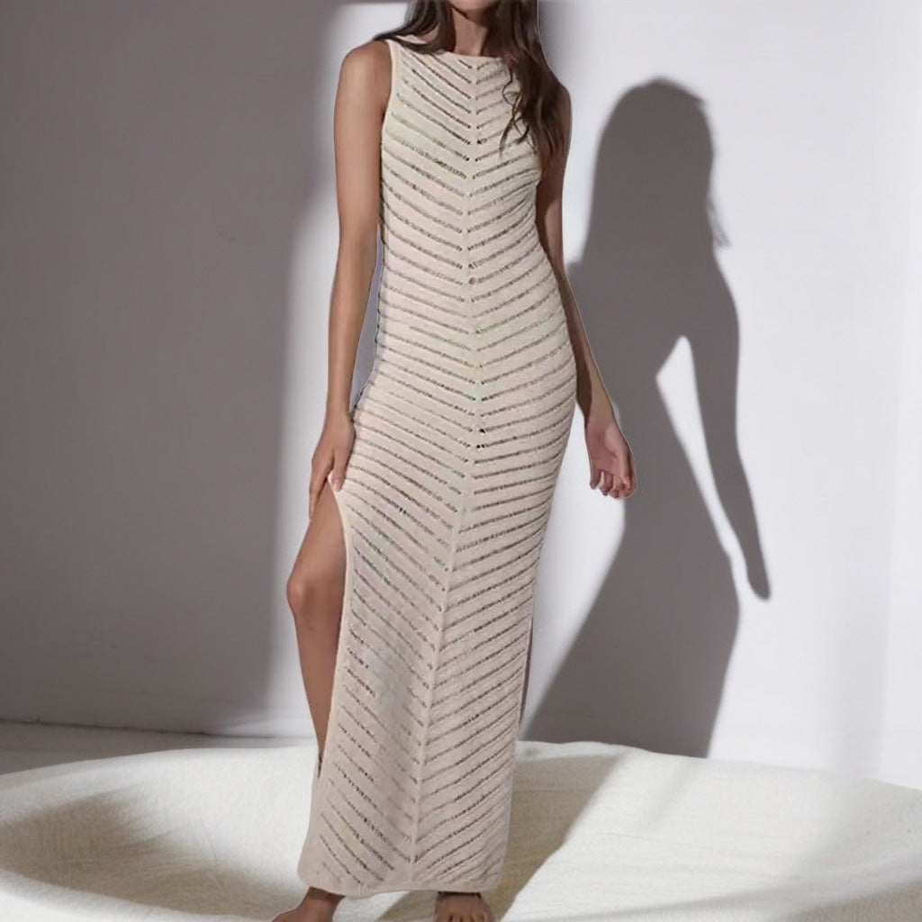 Damen Elegantes Maxikleid mit raffiniertem Strukturmuster und hohem Schlitz EB