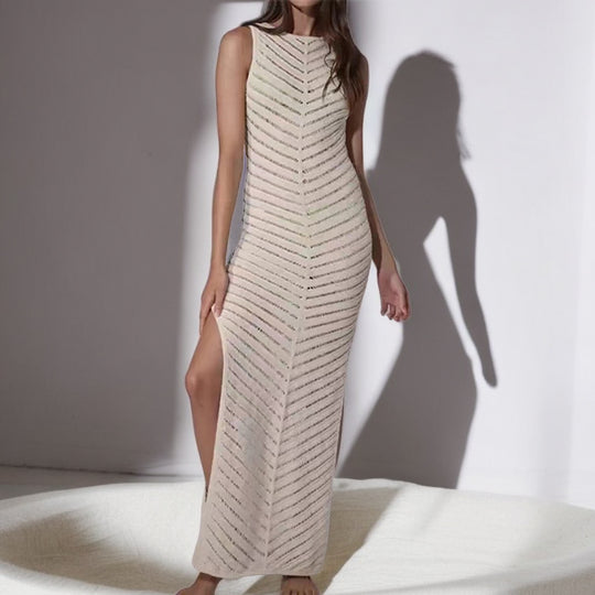 Damen Elegantes Maxikleid mit raffiniertem Strukturmuster und hohem Schlitz EB
