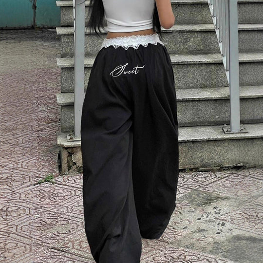 Damen nan Loungewear Schlafhose mit mehrlagigen Volants, elastischem Spitzenbund und weitem Bein EB