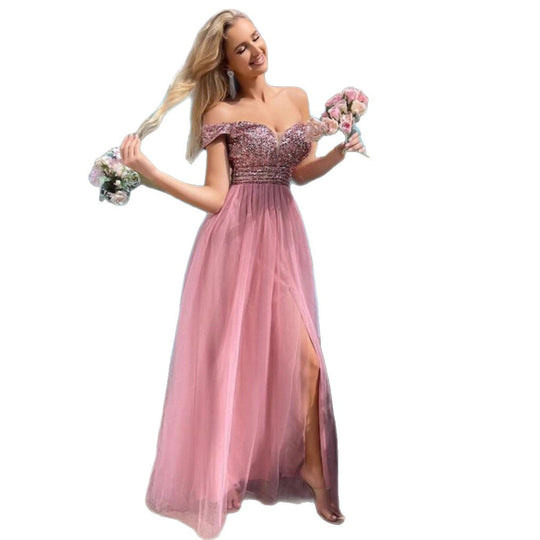 Damen Elegantes Abendkleid mit schulterfreier Optik und funkelnden Verzierungen EB
