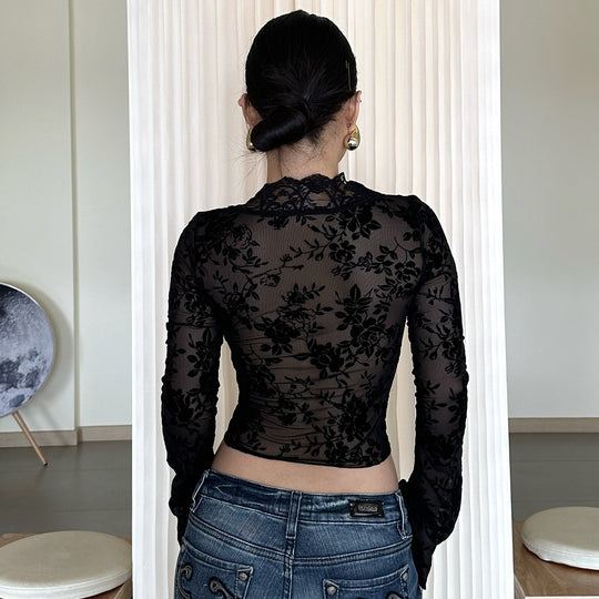 Damen Transparente Spitzenbluse mit Leopardenmuster EB