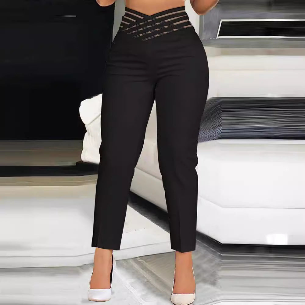 Damen stylische High-Waist Hosen mit transparentem Gitterbund EB