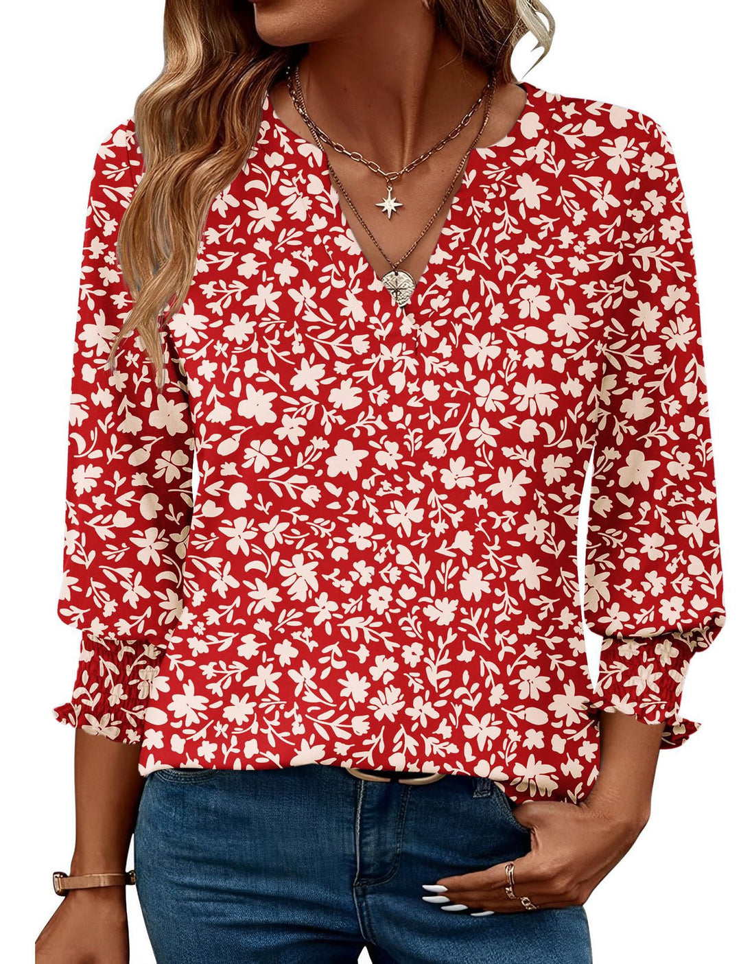 Damen modische Bluse mit verspieltem Paisleymuster und Rüschendetails EB