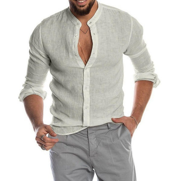 Herren nan Leinenhemd mit Stehkragen, durchgehender Knopfleiste und legerer Slim-Fit-Passform EB