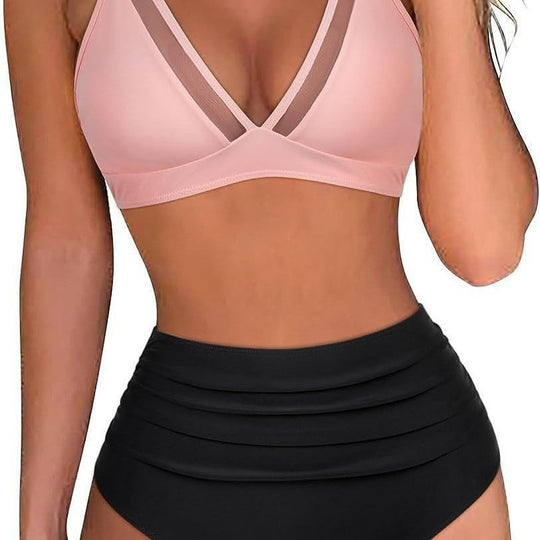 Damen Hoch tailliertes Bikini-Set mit Leopardenmuster und transparenten Einsätzen EB
