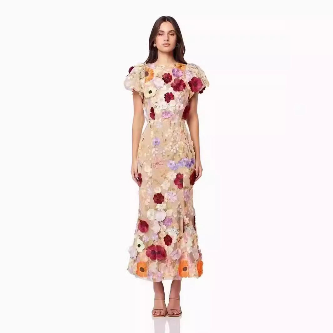 Damen Blumenkleid mit 3D-Blütenapplikationen EB