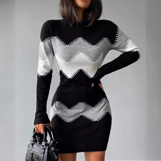 Damen nan Longsleeve-Strickkleid mit Chevron-Muster, geradem Saum und körperumspielender Passform EB