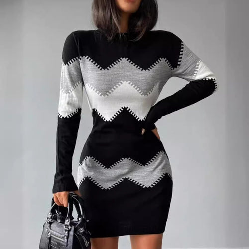 Damen nan Longsleeve-Strickkleid mit Chevron-Muster, geradem Saum und körperumspielender Passform EB