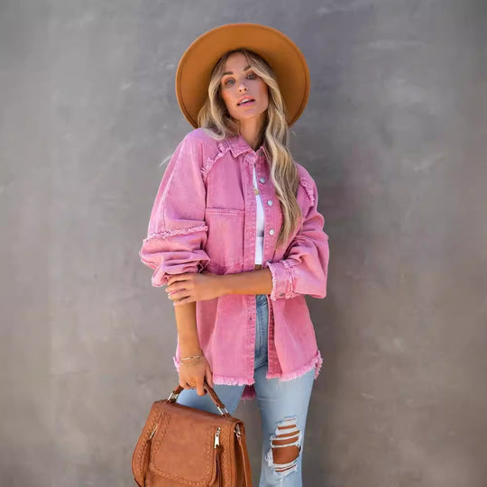Damen Lässige Denim-Übergangsjacke im Vintage-Stil mit fransigen Details EB