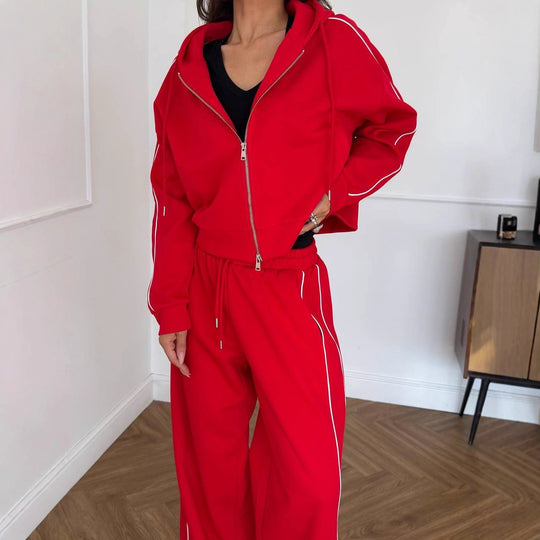 Damen Lässiges zweiteiliges Lounge-Set mit oversized Zipjacke und weitem Kordelzug-Hosenbund EB