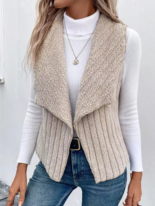 Damen nan kuschelige ärmellose Teddy-Fleece-Weste mit großem Schalkragen und strukturierter Rippenoptik EB