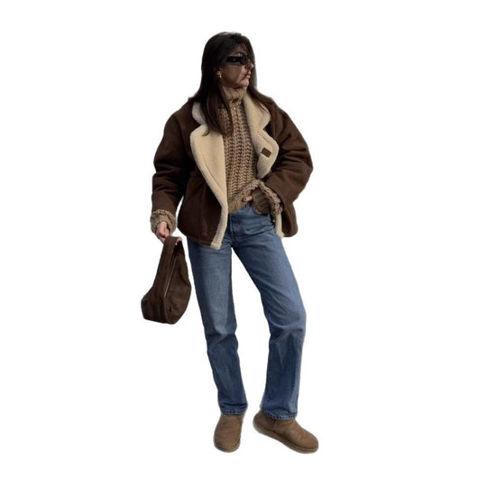 Damen kuschelige Wildlederjacke mit weichem Futter und breitem Kragen EB