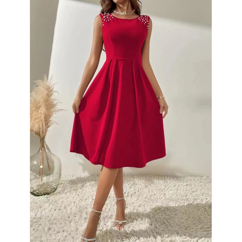 Damen Midi-Kleid mit dekorativen Perlenakzenten und schwingendem Rock EB