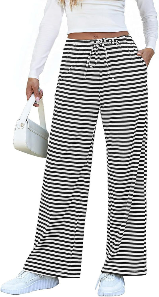 Damen weite Streifenhose mit elastischem Bund und Kordelzug EB