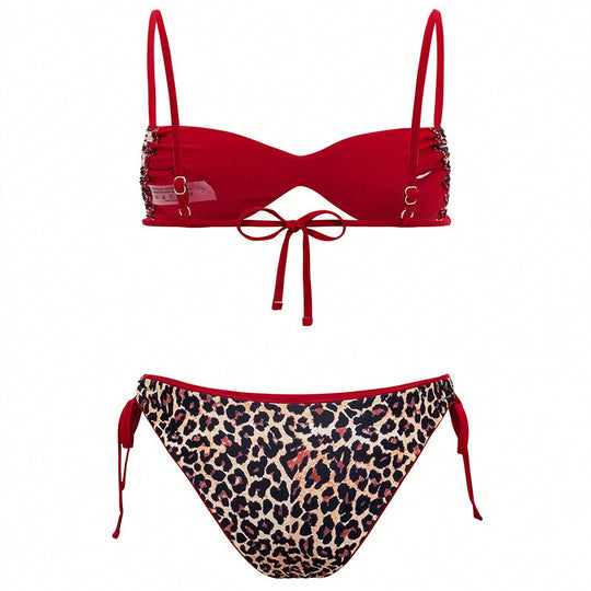 Damen Triangel-Bikini mit modischen Bindebändern und stylischem Leopardenmuster EB