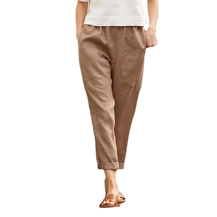 Damen nan leichte Leinenhose mit elastischem Bund, seitlichen Eingrifftaschen und gekrempeltem Saum EB