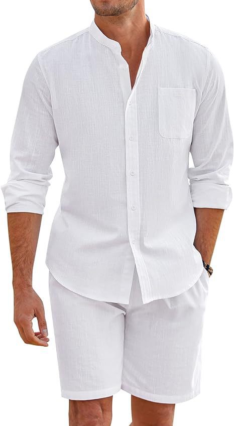 Herren nan Leinenoptik-Zweiteiler mit Stehkragen-Hemd, Brusttasche und legeren Shorts EB