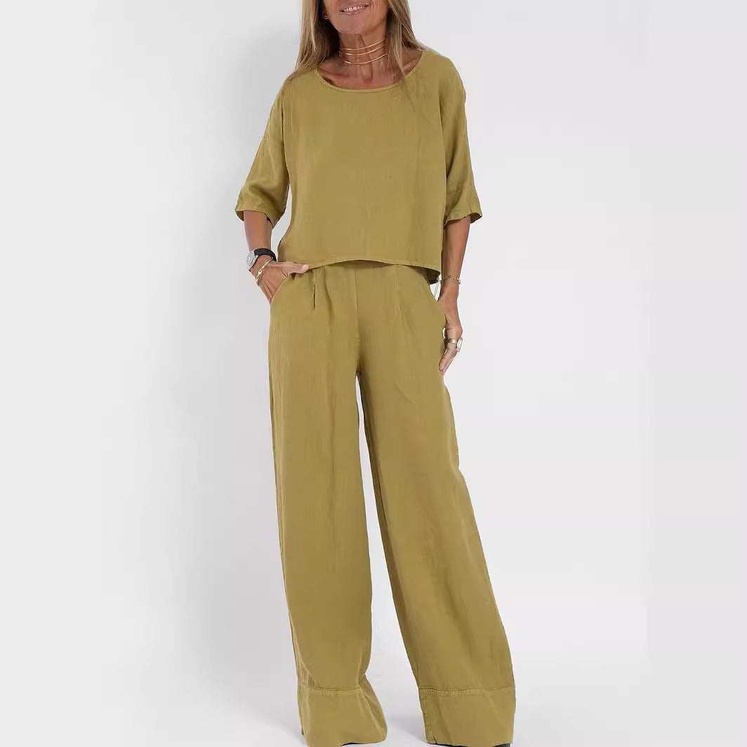 Damen lässiges Leinen-Set mit weitem Oberteil und palazzo Hosen EB