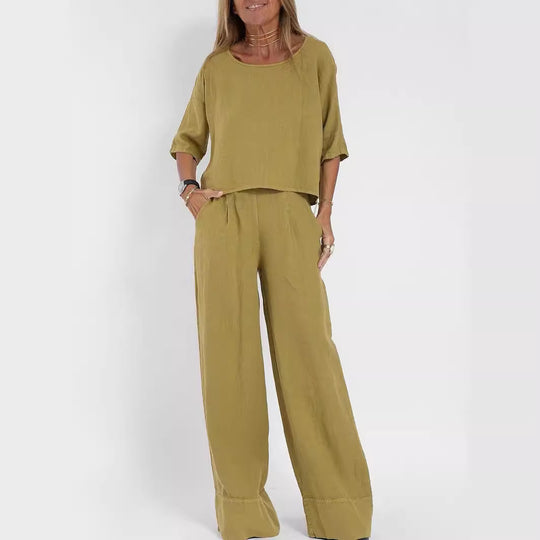 Damen lässiges Leinen-Set mit weitem Oberteil und palazzo Hosen EB