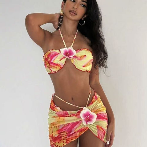 Damen Bikini-Set mit floralem Design und verspieltem Wickelrock EB