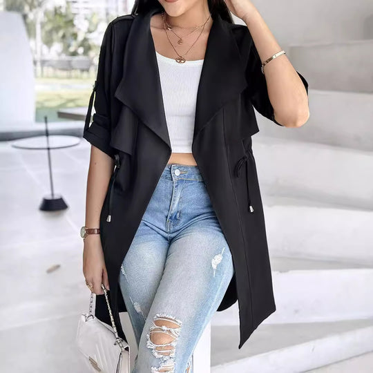 Damen Trenchcoat mit abnehmbarer Kapuze und verstellbarem Taillenzug EB