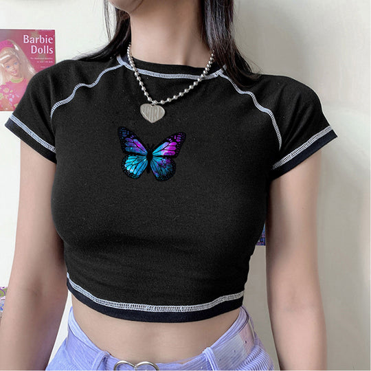 Damen stylisches Bio-Crop-Top mit Schmetterlingsdruck EB