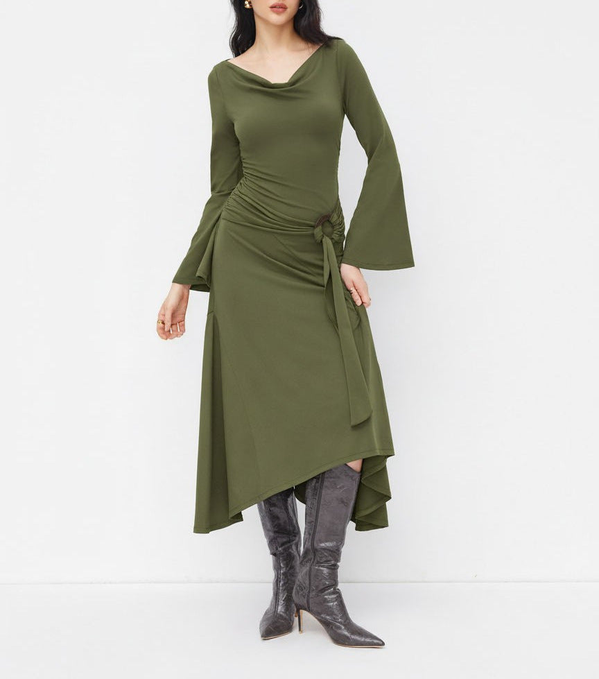 Damen Asymmetrisches Midikleid mit Wasserfallkragen, Glockenärmeln und seitlichem Ringdetail EB