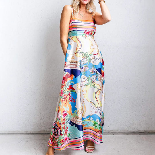 Damen Sommerliches Maxikleid mit auffälligem Grafikdesign und Spaghettiträgern EB