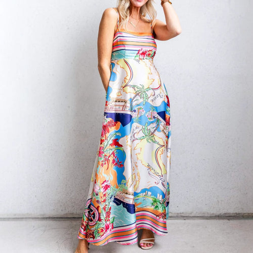 Damen Sommerliches Maxikleid mit auffälligem Grafikdesign und Spaghettiträgern EB