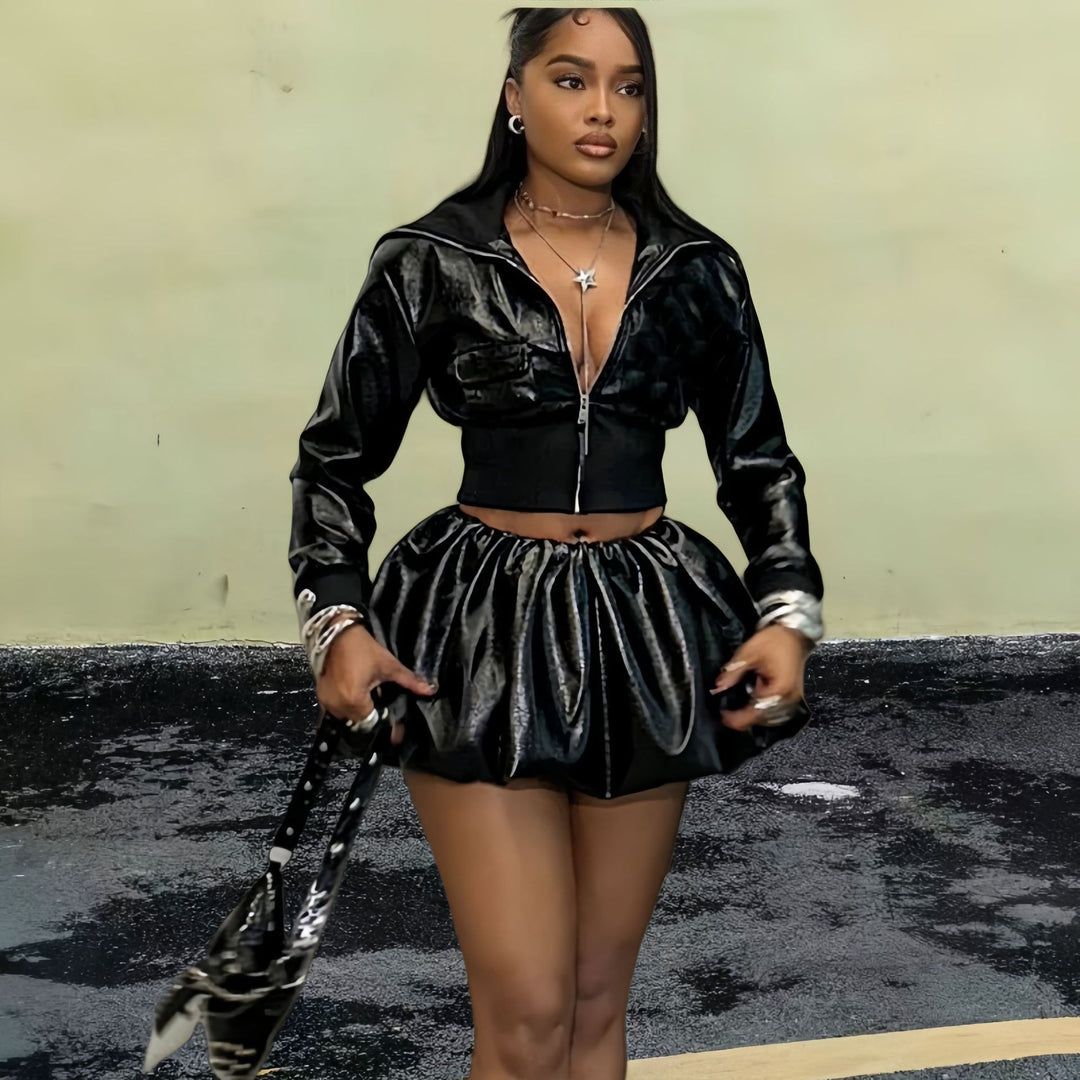 Damen Kurzjacke mit glänzendem Finish und elastischem Bund EB