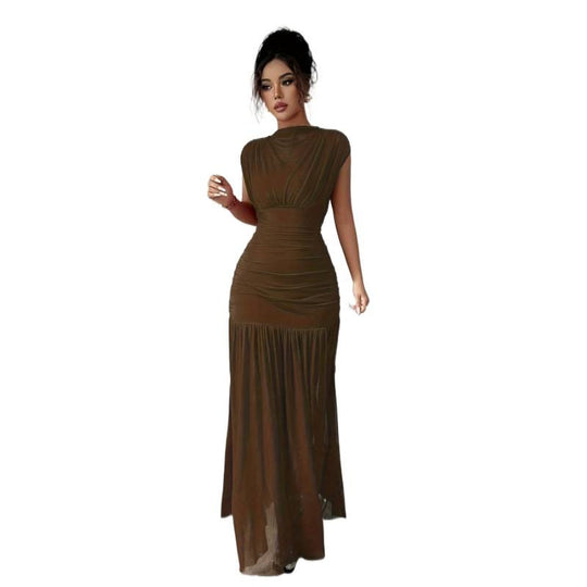 Damen Elegantes Maxikleid mit raffiniertem Drapée und transparentem Rock EB