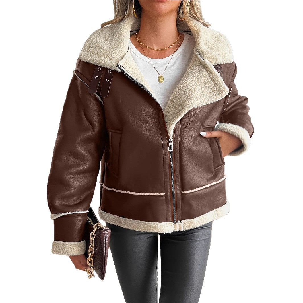 Damen stylische Kunstlederjacke mit Schaffellkragen EB