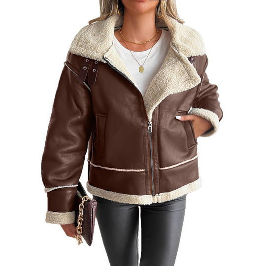 Damen stylische Kunstlederjacke mit Schaffellkragen EB