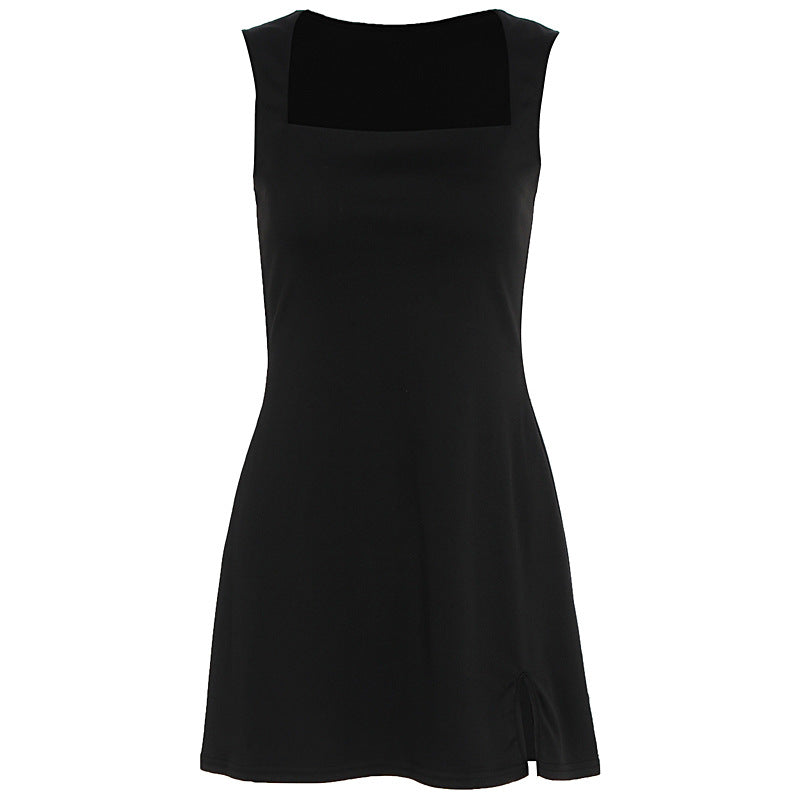 Damen Elegantes ärmelloses Kleid mit quadratischem Ausschnitt und hohem Schlitz EB