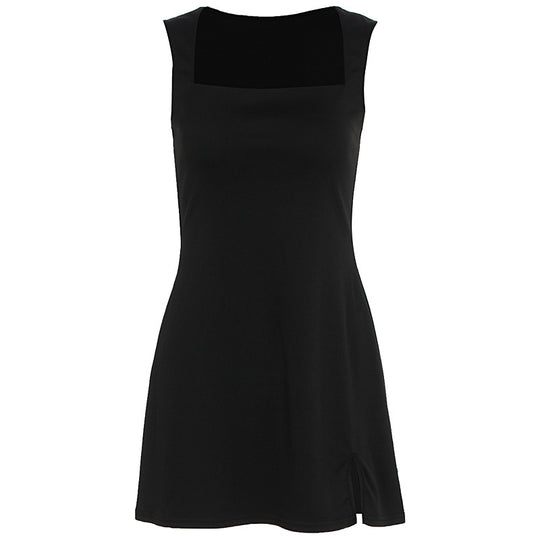 Damen Elegantes ärmelloses Kleid mit quadratischem Ausschnitt und hohem Schlitz EB
