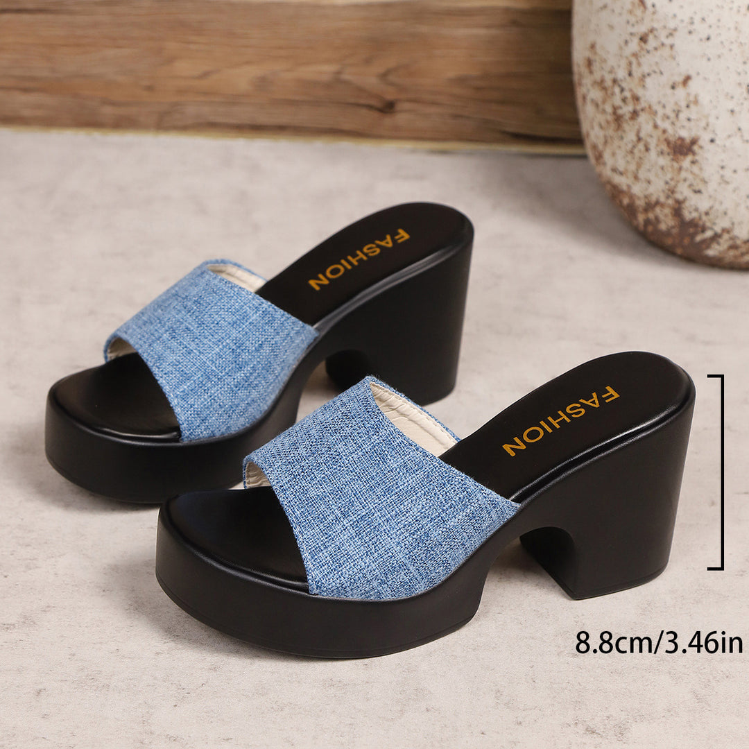 Damen Plateau-Pantoletten mit modischer Denim-Oberfläche und komfortablem Blockabsatz EB