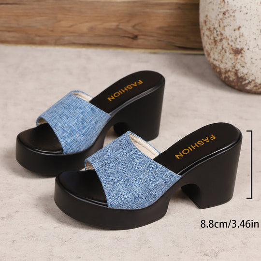 Damen Plateau-Pantoletten mit modischer Denim-Oberfläche und komfortablem Blockabsatz EB