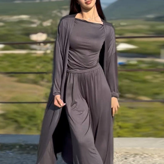 Damen lässiger Maxikleid-Anzug mit offenem Cardigan EB