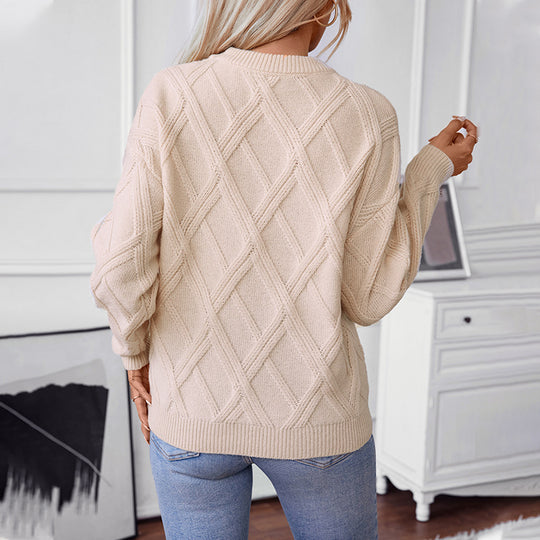 Damen nan grobstrukturierter Strickpullover mit großem Rautenmuster, geripptem Saum und Rundhalsausschnitt EB