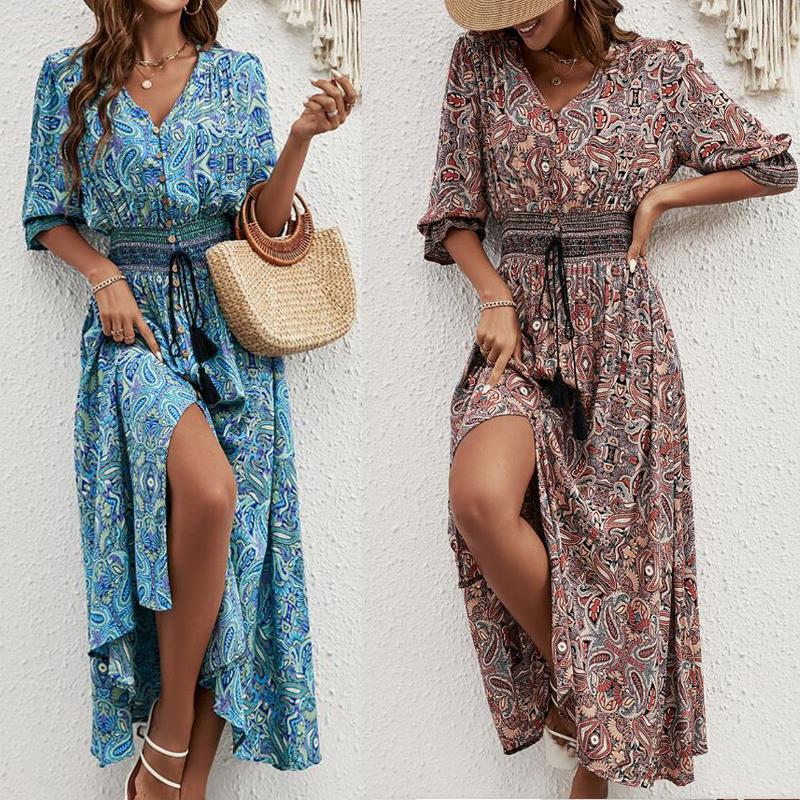 Damen Maxikleid mit abnehmbarem Taillengürtel und kunstvollem Muster EB