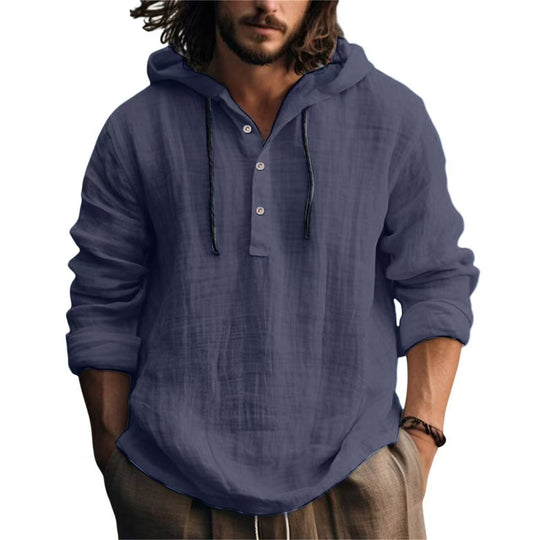 Herren nan Leichtes Kapuzenhemd im Leinenlook mit Henley-Knopfleiste EB