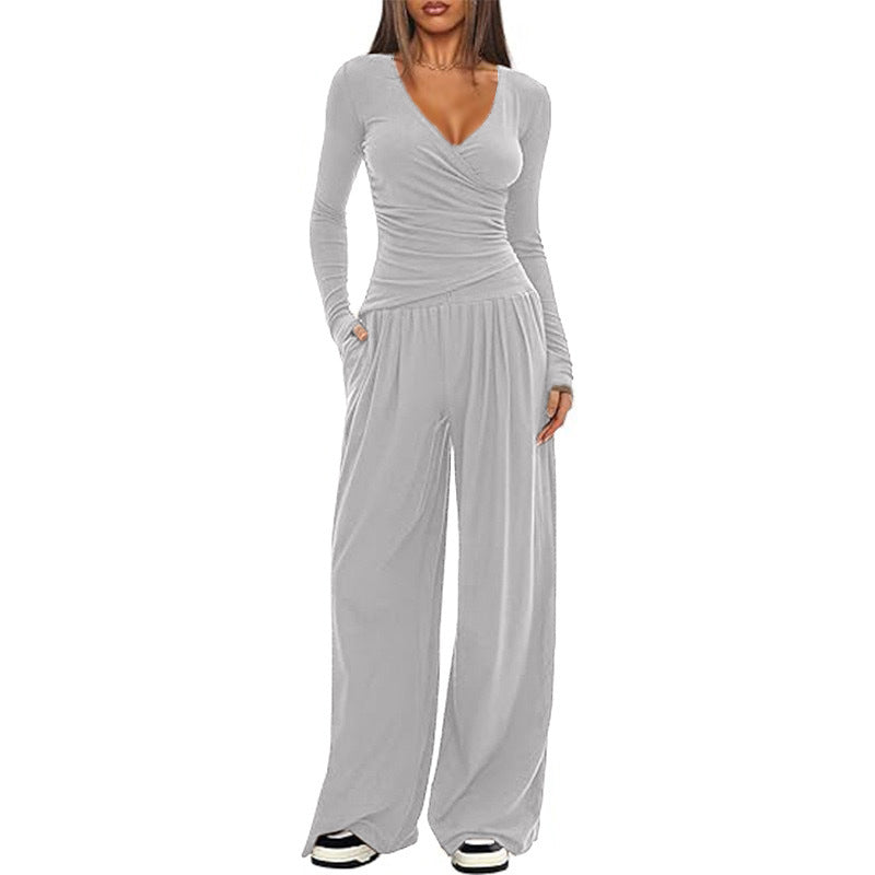 Damen Eleganter Wickel-Jumpsuit mit weitem Bein und modischen Details EB