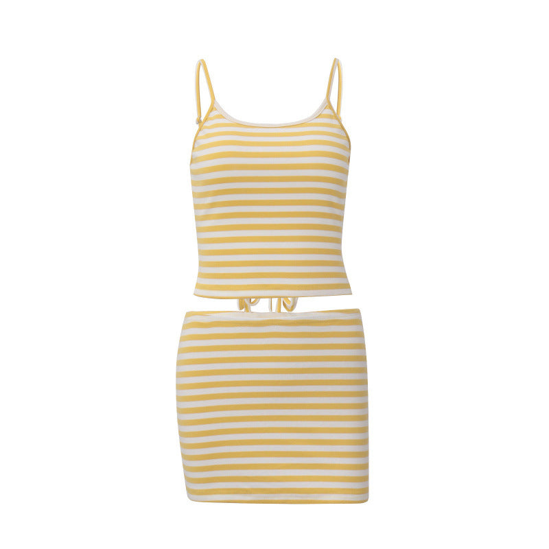 Damen Sommerliches Mini-Rock-Set mit gestreiftem Top und elastischer Passform EB