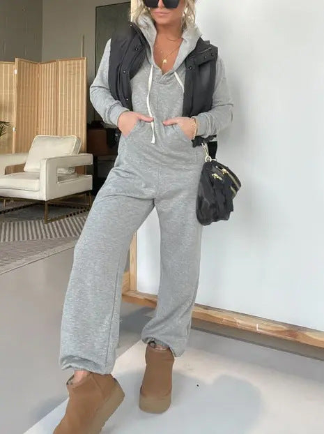 Damen Lässiger Hoodie-Jumpsuit mit tiefem V-Ausschnitt und praktischen Taschen EB