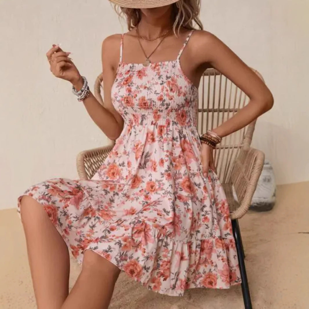 Damen florales Sommerkleid mit gerafftem Oberteil und schwingendem Saum EB