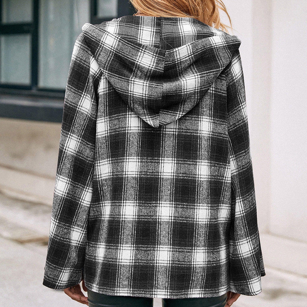 Damen Karo Overshirtjacke im lässigen Stil mit Kapuze und weiten Ärmeln EB