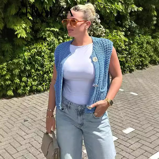 Damen Strickweste mit Taschen und Knopfdetail EB