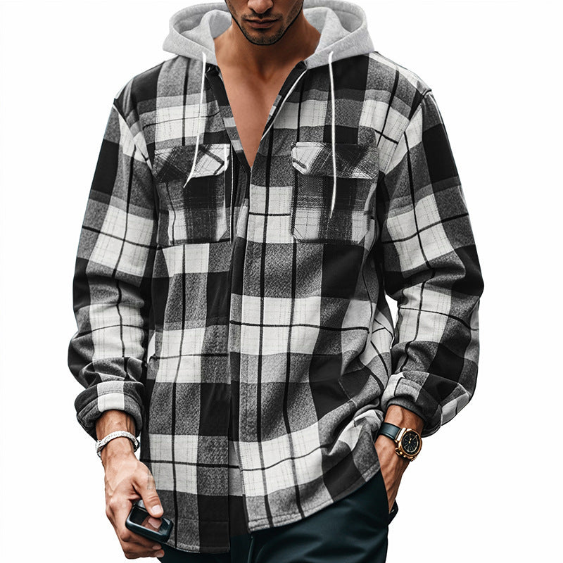 Herren Karierte Flanelljacke mit Hoodie und zwei Brusttaschen EB