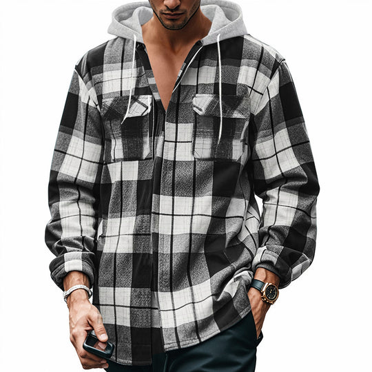 Herren Karierte Flanelljacke mit Hoodie und zwei Brusttaschen EB