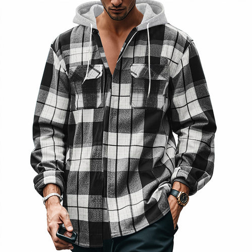 Herren Karierte Flanelljacke mit Hoodie und zwei Brusttaschen EB